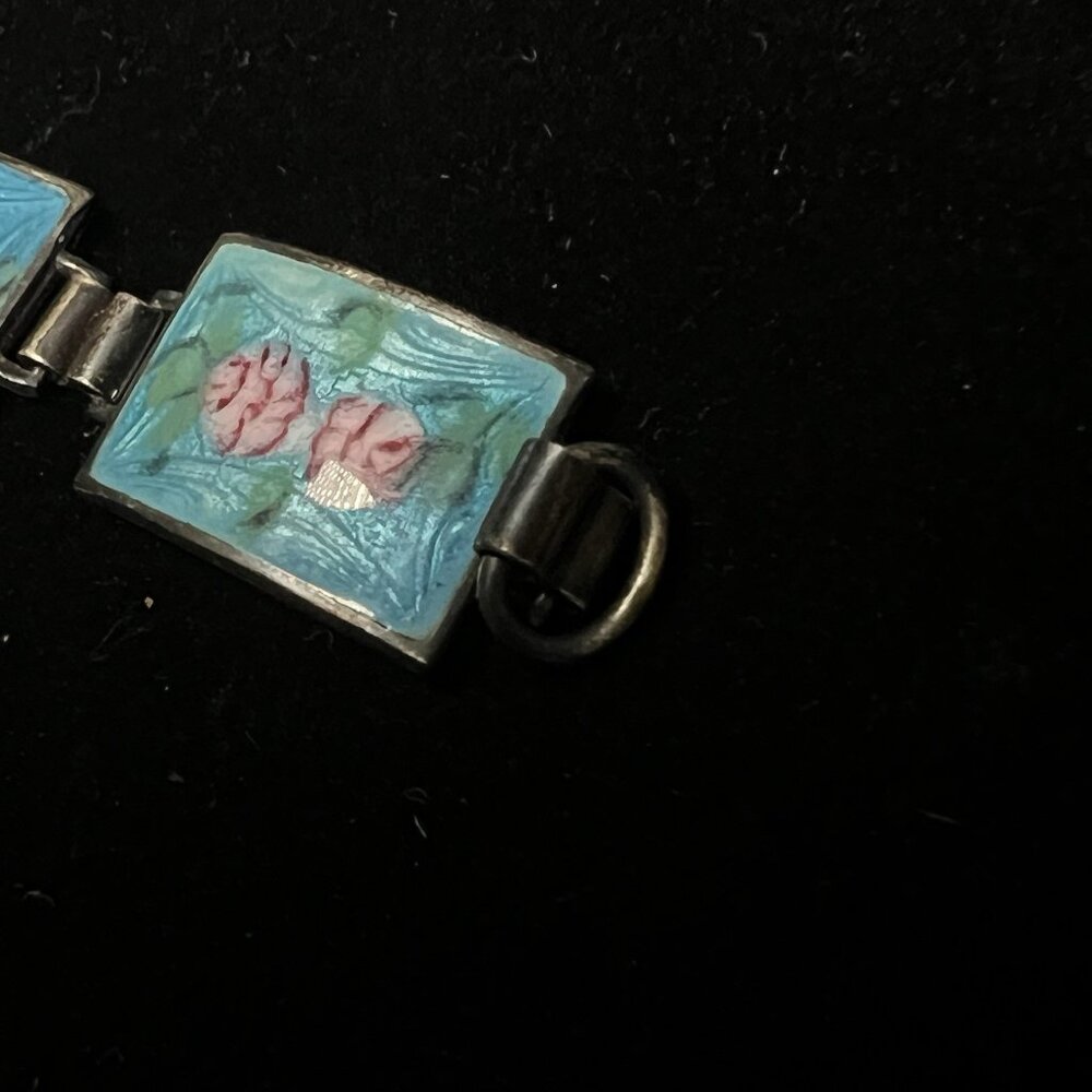 Vintage Sterling Silver Guilloche Panel Link Bracelet 19.9g Pink Roses 6.5" - Picture 5 of 13